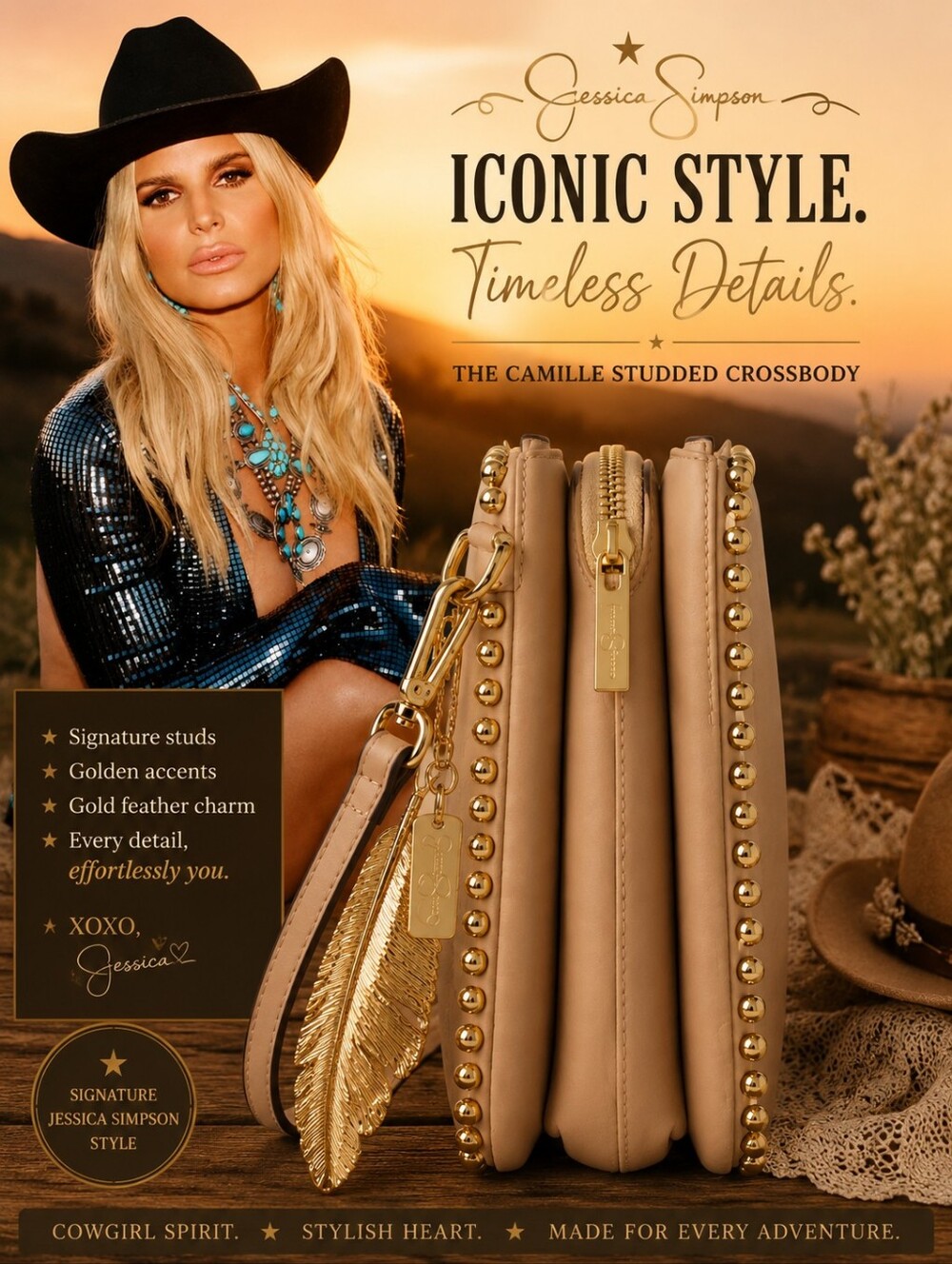 Jessica Simpson Western Style Ball Studded Saddle Bag
